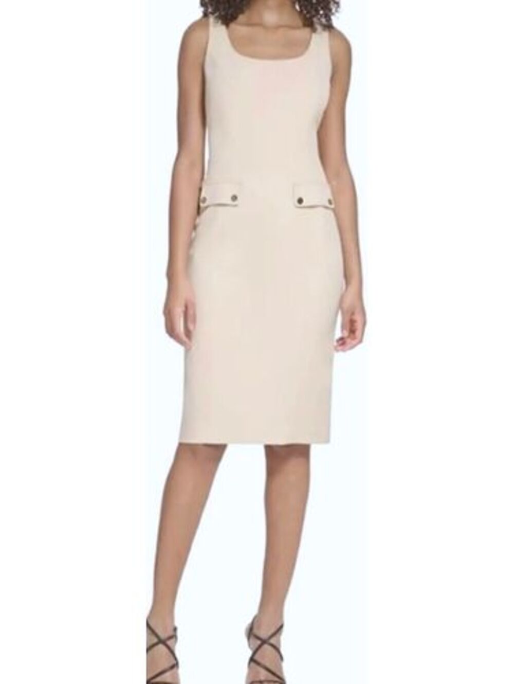 Karl Lagerfeld Paris Ivory Sleeveless Sheath Dress Size 10 Logo Button Midi